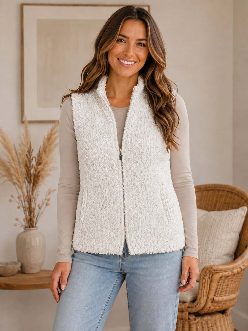 Rachel Zoe Cream Sherpa Faux Fur Zip Vest M